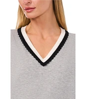 CeCe Knit Milano Contrast Trim Deep V-Neck Long Sleeve Welt Front Pullover Sweater