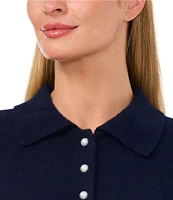 CeCe Knit Point Collar Short Sleeve Button Front Sweater