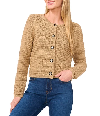 CeCe Knit Round Neck Long Sleeve Button Front Sweater