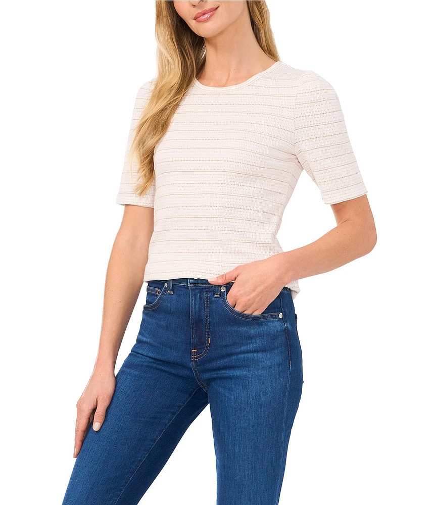 CeCe Knit Striped Metallic Crew Neck Short Sleeve Tee