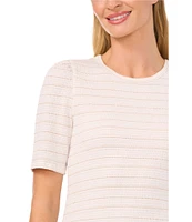 CeCe Knit Striped Metallic Crew Neck Short Sleeve Tee