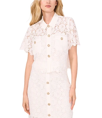 CeCe Lace Collared Short Sleeve Patch Pocket Button Front Top