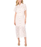 CeCe Lace Collared Short Sleeve Patch Pocket Button Front Top