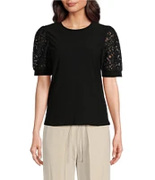 CeCe Lace Puff Short Sleeve Crew Neck Blouse