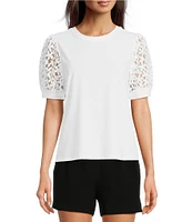 CeCe Lace Puff Short Sleeve Crew Neck Blouse