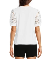 CeCe Lace Puff Short Sleeve Crew Neck Blouse