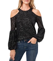 CeCe Long Sleeve Cold Shoulder Round Neck Sequin Blouse