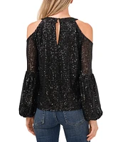 CeCe Long Sleeve Cold Shoulder Round Neck Sequin Blouse