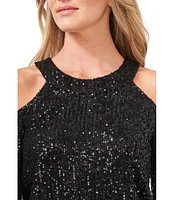 CeCe Long Sleeve Cold Shoulder Round Neck Sequin Blouse