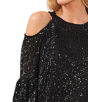 CeCe Long Sleeve Cold Shoulder Round Neck Sequin Blouse