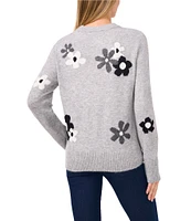 CeCe Long Sleeve Crew Neck Floral Intarsia Sweater