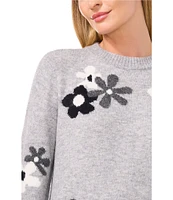 CeCe Long Sleeve Crew Neck Floral Intarsia Sweater