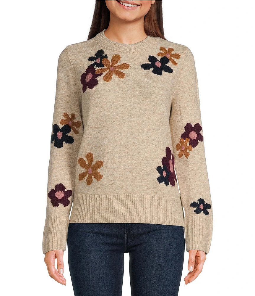 CeCe Long Sleeve Crew Neck Floral Intarsia Sweater