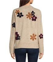 CeCe Long Sleeve Crew Neck Floral Intarsia Sweater