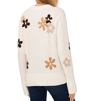 CeCe Long Sleeve Crew Neck Floral Intarsia Sweater