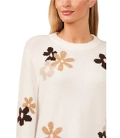 CeCe Long Sleeve Crew Neck Floral Intarsia Sweater