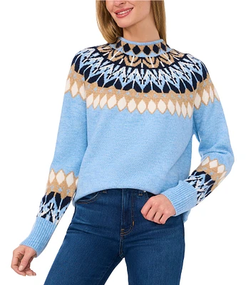 CeCe Jersey Long Sleeve Funnel Neck Fair Isle Print Sweater