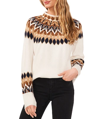 CeCe Jersey Long Sleeve Funnel Neck Fair Isle Print Sweater