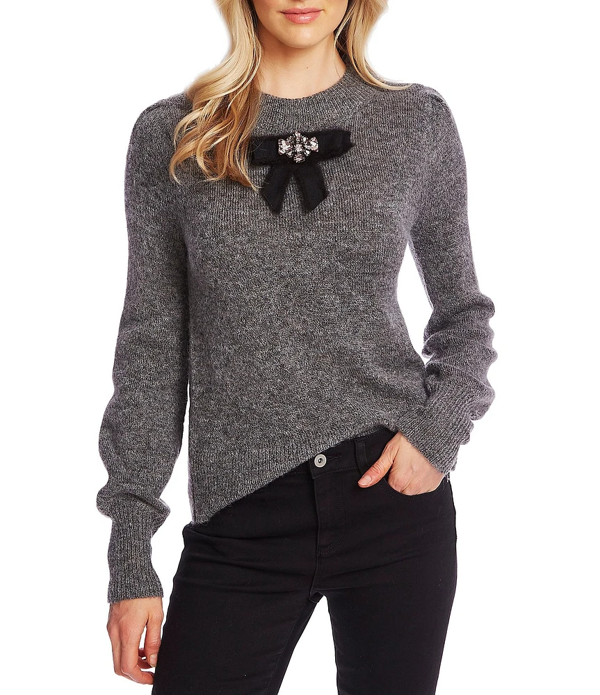 CeCe Long Sleeve Jeweled Bow Crew Neck Statement Sweater