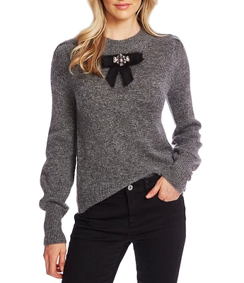 CeCe Long Sleeve Jeweled Bow Crew Neck Statement Sweater