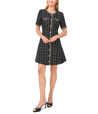 CeCe Metallic Plaid Tweed A-Line Crew Neck Short Sleeve Rhinestone Embellished Button Front Mini Dress