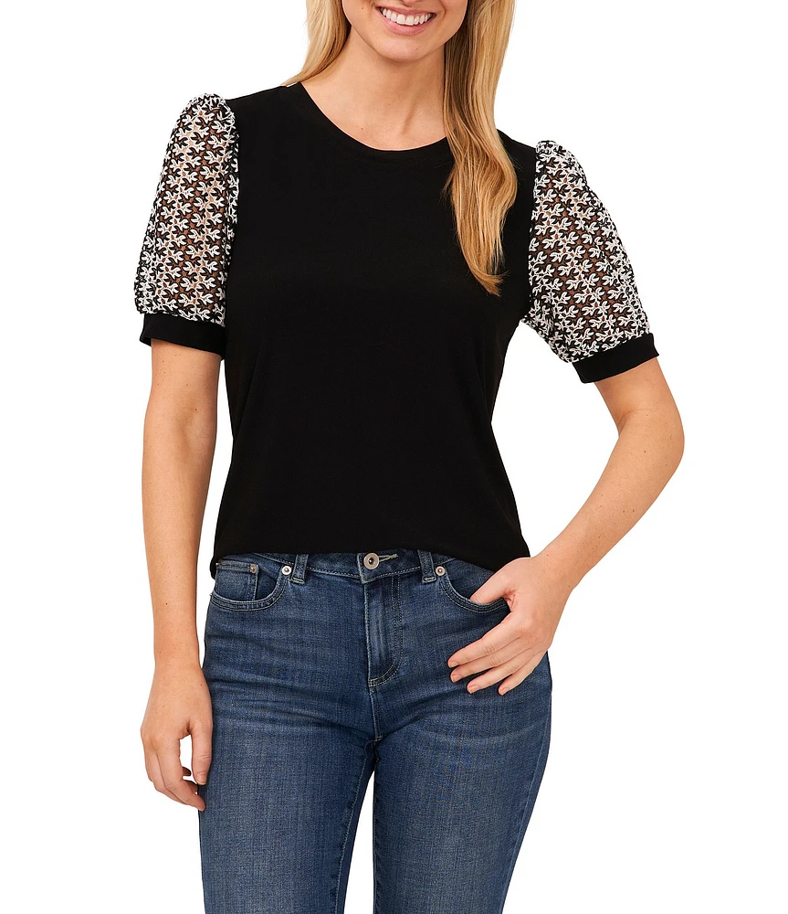 CeCe Mixed Media Crew Neck Short Puff Sleeve Tee