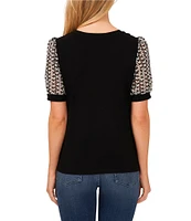 CeCe Mixed Media Crew Neck Short Puff Sleeve Tee