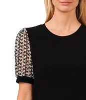 CeCe Mixed Media Crew Neck Short Puff Sleeve Tee