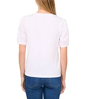 CeCe Mixed Media Crew Neck Short Puff Sleeve Tee