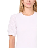 CeCe Mixed Media Crew Neck Short Puff Sleeve Tee