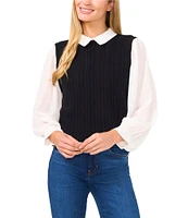 CeCe Mixed Media Long Sleeve Spread Collar Cable Knit Sweater Vest Top