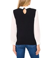 CeCe Mixed Media Long Sleeve Spread Collar Cable Knit Sweater Vest Top