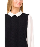 CeCe Mixed Media Long Sleeve Spread Collar Cable Knit Sweater Vest Top