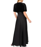 CeCe Mixed Media V-Neck Short Sleeve A-Line Long Dress