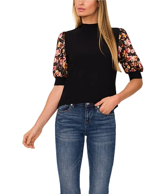 CeCe Mock Neck Short Puffed Sleeve Blouse