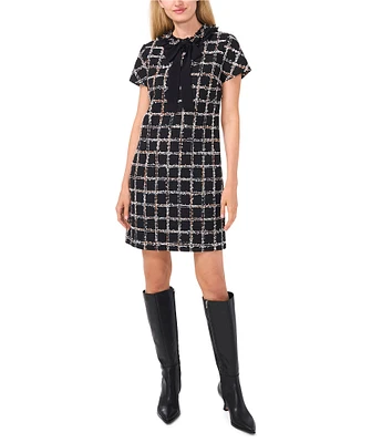 CeCe Plaid Gauze Tweed Ruffle Platter Tie Collar Short Sleeve Above the Knee Shift Dress