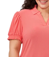 CeCe Plus Crepe Knit Polo Collar V-Neck Short Puffed Sleeve Top