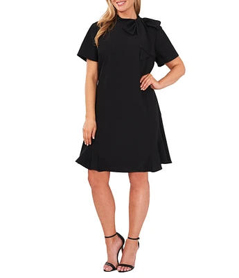 CeCe Plus Size Bow Mock Neck Short Sleeve Flounce Hem A-Line Dress