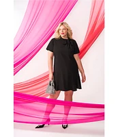 CeCe Plus Size Bow Mock Neck Short Sleeve Flounce Hem A-Line Dress