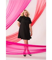 CeCe Plus Size Bow Mock Neck Short Sleeve Flounce Hem A-Line Dress