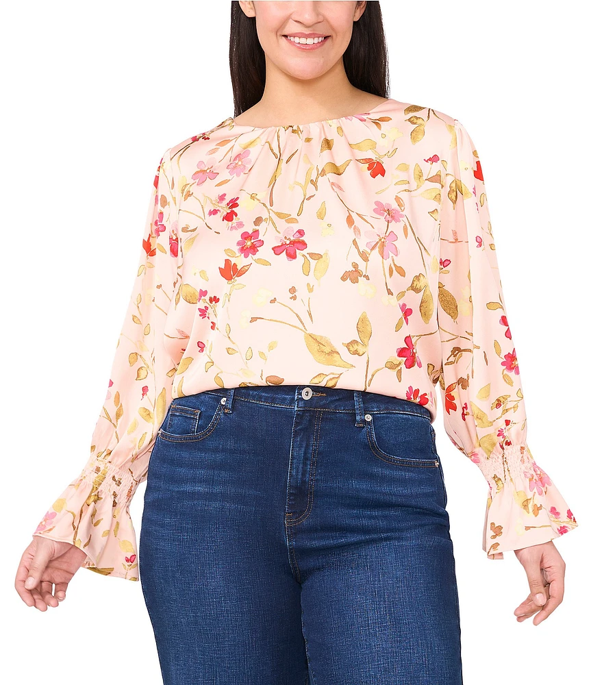 CeCe Plus Size Charmeuse Floral Print Crew Neck Smocked Cuff Long Sleeve Blouse
