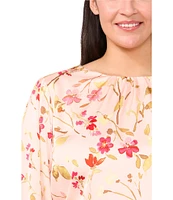 CeCe Plus Size Charmeuse Floral Print Crew Neck Smocked Cuff Long Sleeve Blouse