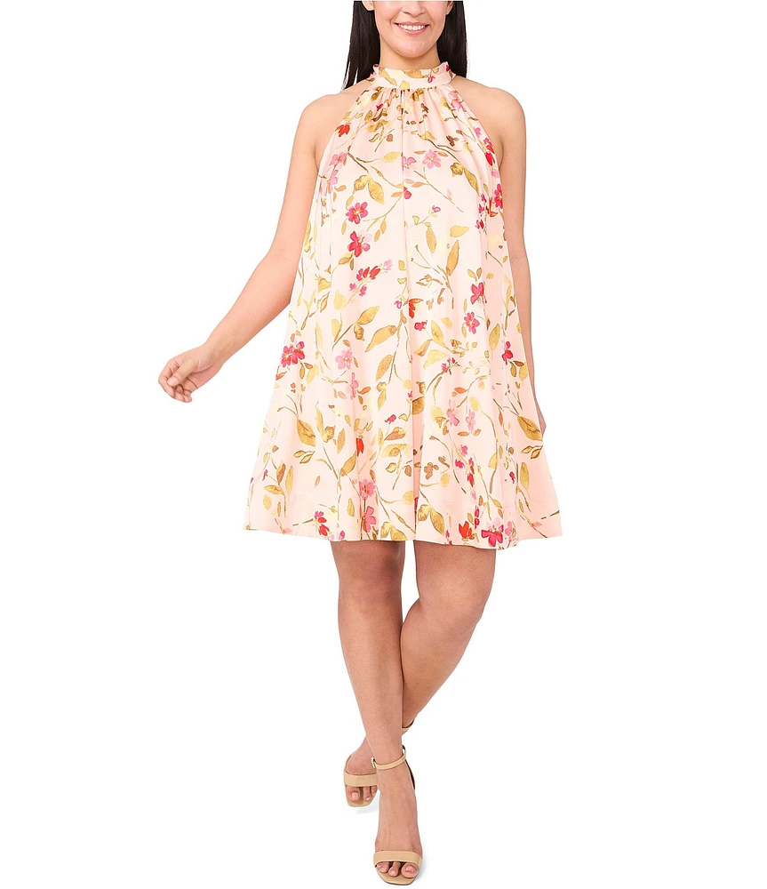 CeCe Plus Size Charmeuse Floral Print Halter Mock Neck Sleeveless Shift Dress