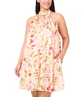 CeCe Plus Size Charmeuse Floral Print Halter Mock Neck Sleeveless Shift Dress