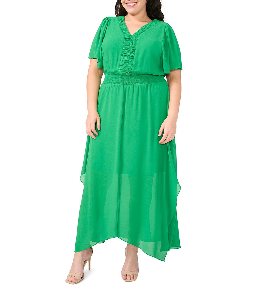 CeCe Plus Size Chiffon V-Neckline Short Sleeve Maxi Dress