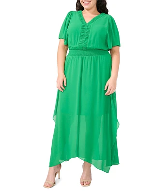 CeCe Plus Size Chiffon V-Neckline Short Sleeve Maxi Dress