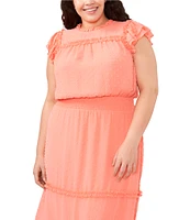 CeCe Plus Size Clip Dot Flutter Cap Sleeve Ruffle Crew Neck Smocked Waist Tiered A-Line Midi Dress