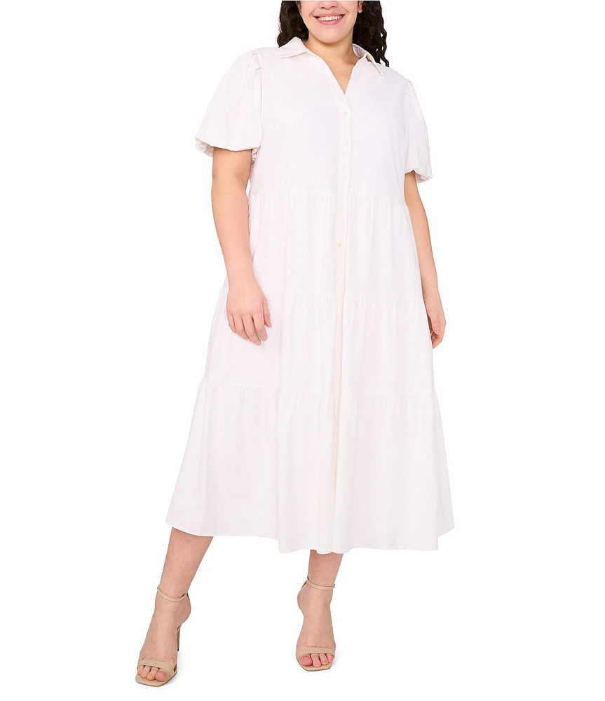 CeCe Plus Size Collared Short Sleeve Linen Blend Tiered Midi Shirt Dress