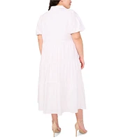 CeCe Plus Size Collared Short Sleeve Linen Blend Tiered Midi Shirt Dress