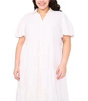 CeCe Plus Size Collared Short Sleeve Linen Blend Tiered Midi Shirt Dress